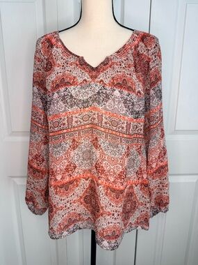 Garnet Hill 100% Silk Sheer Boho Multi Printed Long-Sleeve V-Notch Tunic Small